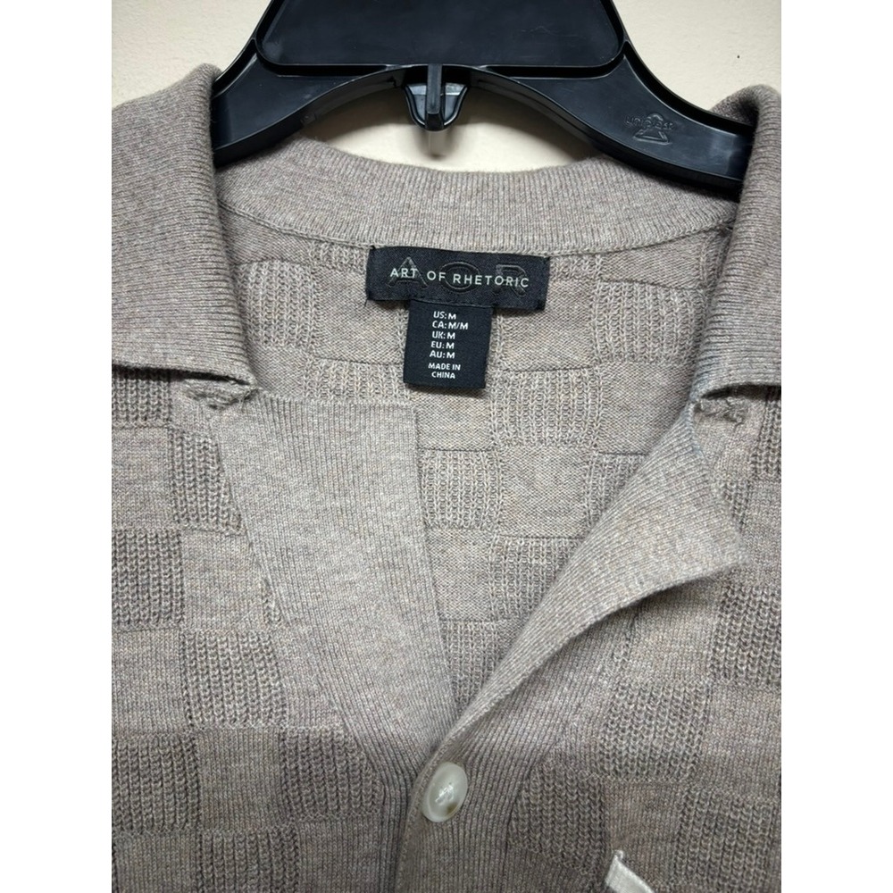Art of‎ Rhetoric Knit Button Polo Shirt Mens Medium Taupe Check Texture - Picture 2 of 4
